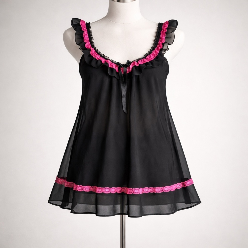 VTG Ambrielle Black Sheer W/Ruffle & Lace Babydoll Large Chemise Slip